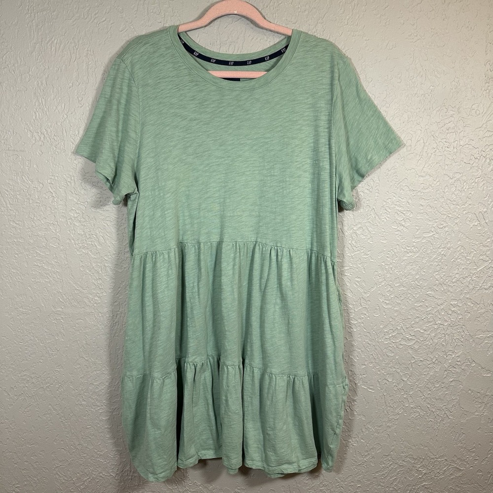 GAP Womens Tiered Short Sleeve Dress XXL 2XL Green Cotton Pockets Cottagecore